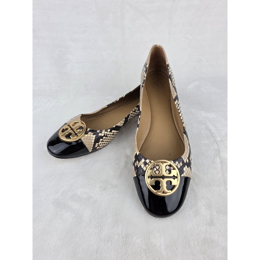 Tory Burch Chelsea Cap Toe Ballet Flats Size 8 Snake Print Black Patent Gold